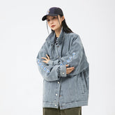 Unisex Jacket Washed Denim Jacket Printing Lapel Loose Overalls